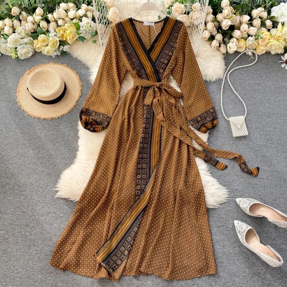 Women Retro Print Dress Autumn V Neck Wrap Dress - HAND MADE - NWOT